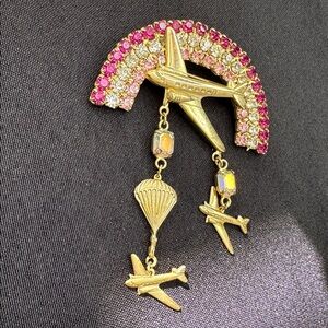 Gold Airplane Brooch with Pink and Gold Accents